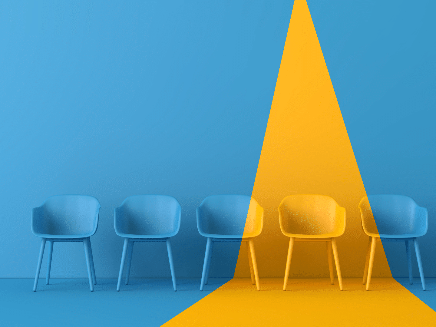 Blue background and chairs with yellow spotlight shining on one chair.