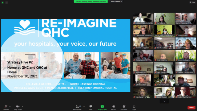 A virtual call screen with images of individuals from across our communities who joined QHC's Strategy Hives to explore possibilities for the co-design of QHC's future.