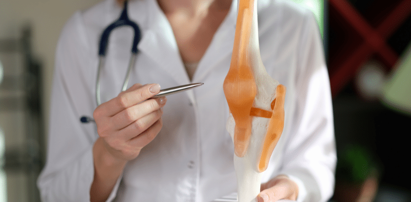 A person in a white lab coat holds a pen and points to an artificial knee.