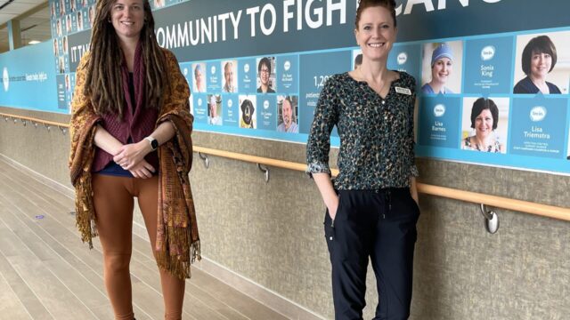 Sami Lester and Krystle Humphrey, oncology social workers standing and looking straight ahead.