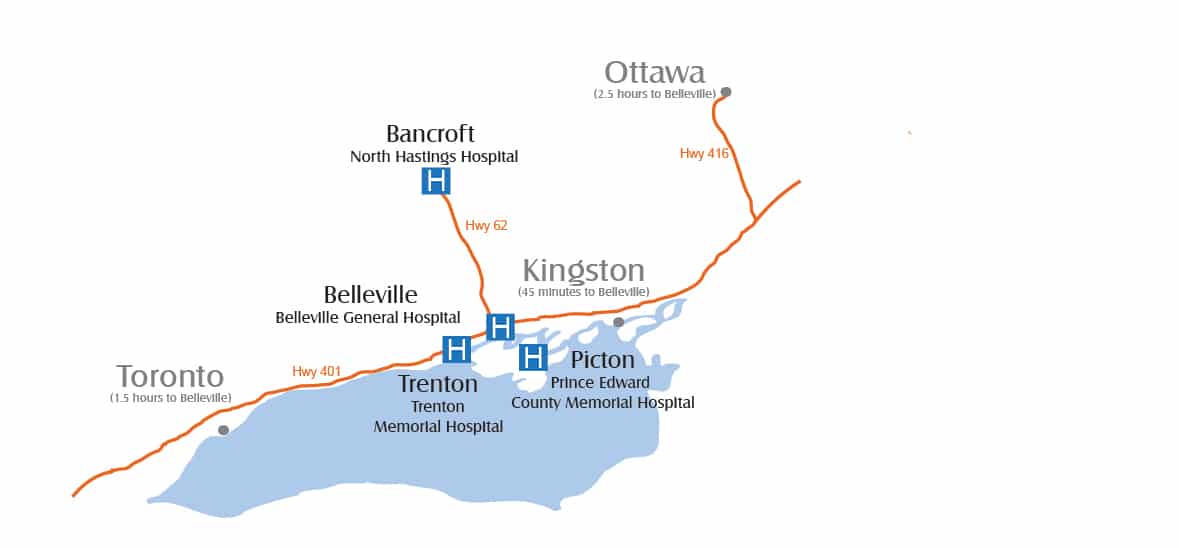 A small map of the surrounding cities with Quinte Health’s hospital locations noted with a hospital “H”