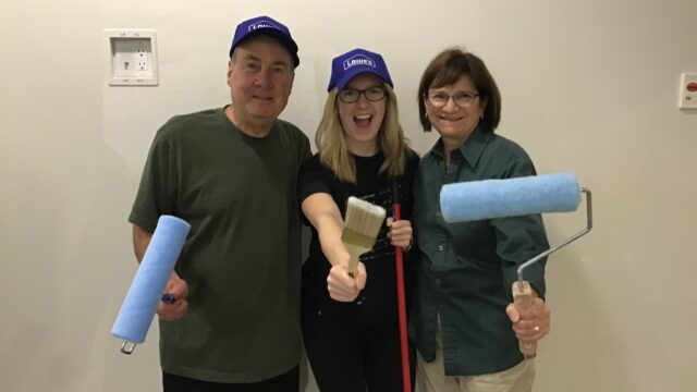 Getting ready to paint! From left: Paul Reesor, Volunteer; Rebecca Spencer, Recreation Therapist; and Paulette Jamieson, Volunteer. Picture was taken before the pandemic - no masks required.