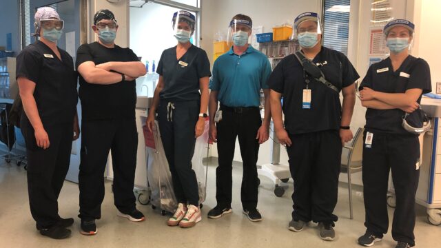 Some of QHC's fantastic Respiratory Therapists pose for a photo in the ICU. From left: Jenna Crothers, Darren Currie, Christy Theofylatos, Brian Mulvihill, Ben Leung, Taylor Lanoue.