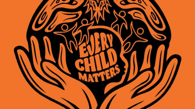 Graphic with Indigenous artwork and the words Every Child Matters