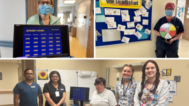 A collage of health care workers playing learning games.