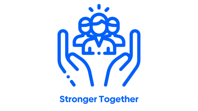 Icon - hands surrounding 3 people. Text at bottom says Stronger Together.