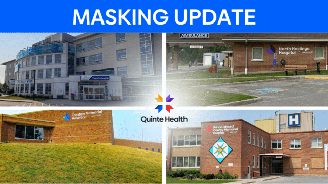 Masking update heading with photos of Quinte Health's four hospitals.