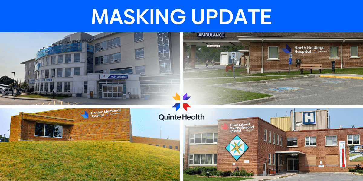 Masking update heading with photos of Quinte Health's four hospitals.