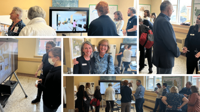 A collage of photos from the open house event. People watching virtual tours and chatting.